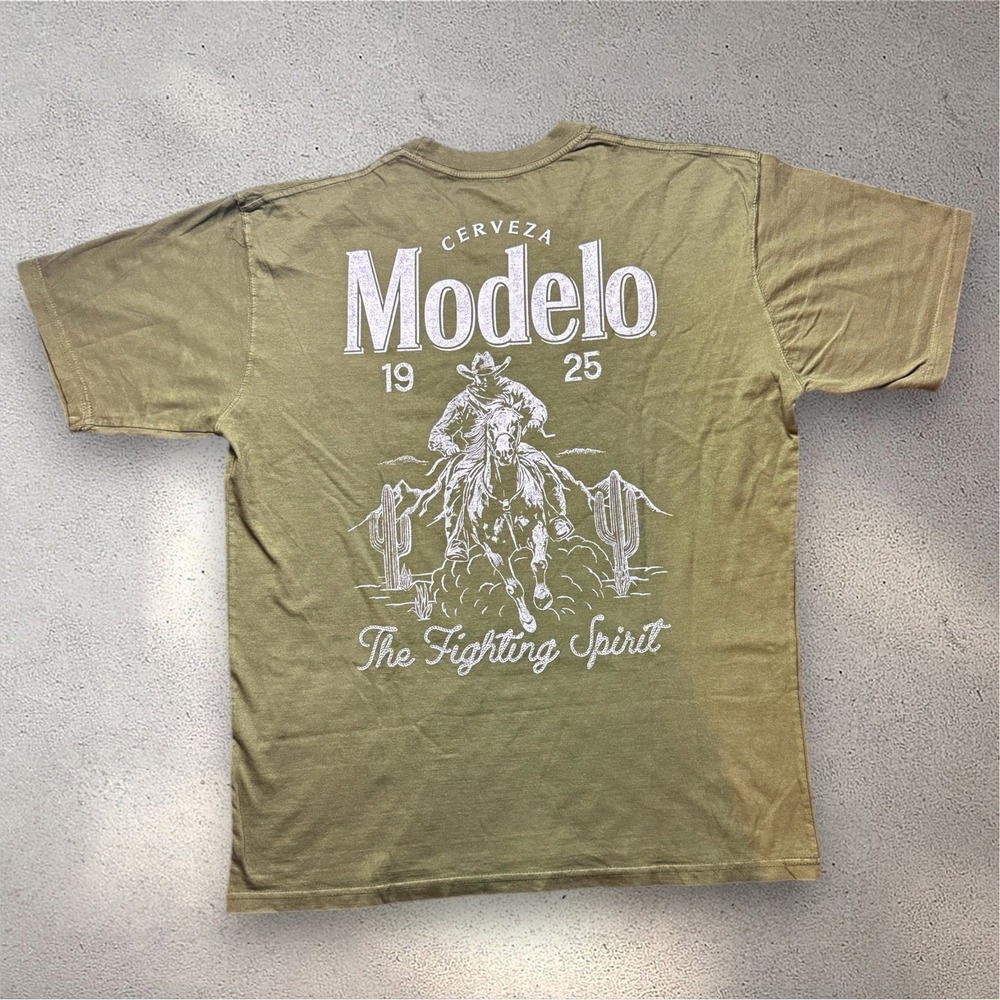 Modelo Cerveza Mens XL Olive Green The Fighting Spirit Cowboy Graphic T-Shirt